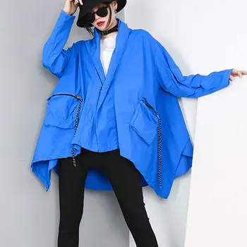 

2020 New Autumn Spring Hooded Long Sleeve Blue Big Pocket Irregular Hem Big Size Windbreaker Women Trench Fashion