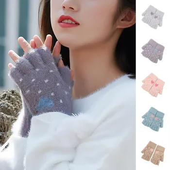 

2019 autumn Winter new Women Cute Winter Knitted Gloves Soft Multifunctional Warm Plush Mitten cute glove fingerless gloves @6