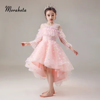 

Sweet Pink Kids Birthday Party Dresses 2020 Elegant O-neck Off The Shoulder Long Sleeve Princess High Low Flower Girl Dresses