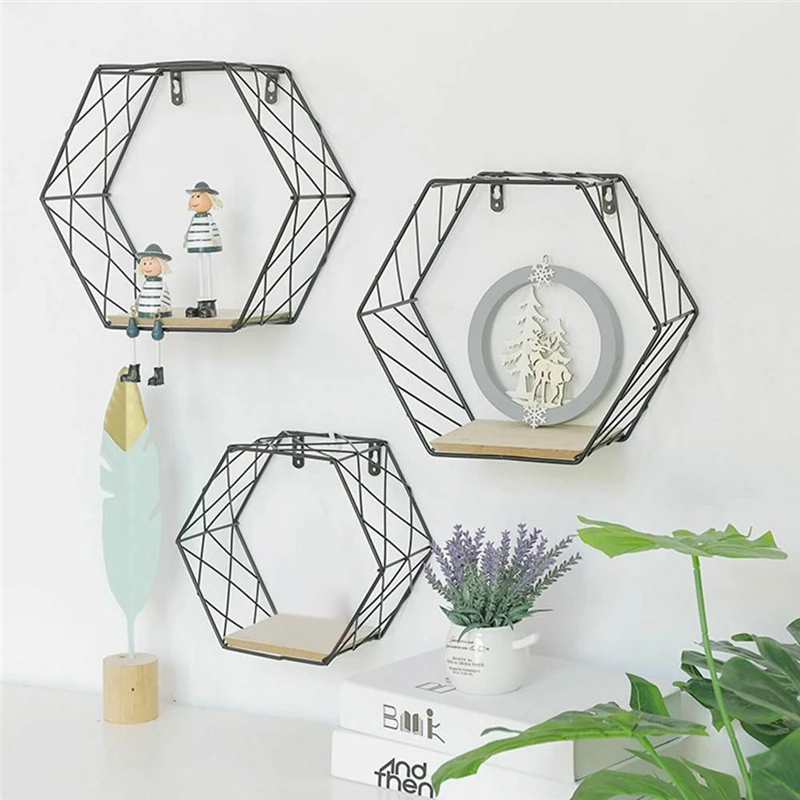 Iron Hexagonal Grid Wall Shelf Combination Hanging Geometric Figure Decoration Creative Comfortable Warmth Quality Exquisite