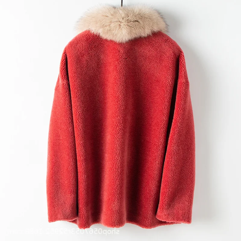 

coat with natural fur, women's clothing, 2020, autumn and winter jacket, fox fur collar, wool coat, red, Korean, plus