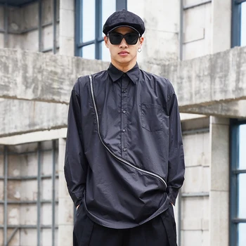 

Men Japan Streetstyle Zipper Long Sleeve Casual Shirt Male Long Design Hip Hop Retro Fashion Loose Dress Shirts