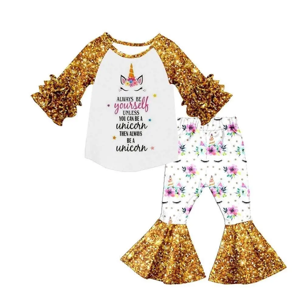 Горячая Распродажа, осенний комплект с милым единорогом для девочек, штаны-трубы, модный детский комплект для девочек, светящийся Детский комплект