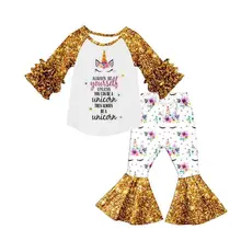 Горячая Распродажа, осенний комплект с милым единорогом для девочек, штаны-трубы, модный детский комплект для девочек, светящийся Детский комплект