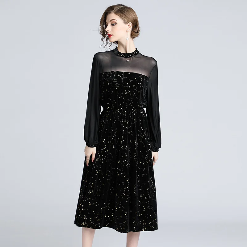 

Europe And America 2020 Stand Collar Gauze Transparent Lantern Sleeve Elasticity Waist Hugging Big Hemline Mid-length Velvet Ful