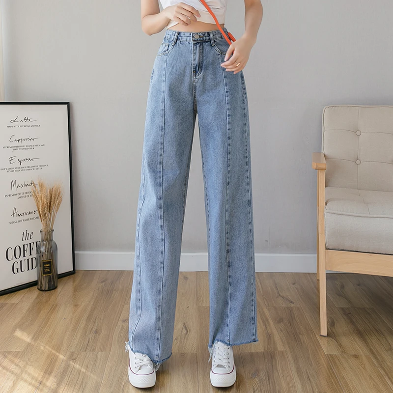 Pantalones holgados para chicas, vaqueros cintura alta con canales, de algodón, nuevos|Pantalones vaqueros| - AliExpress