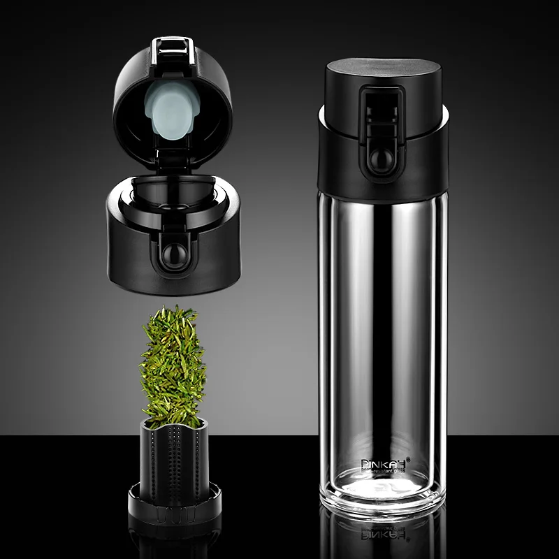 Pinkah Drinking Cup 2-Layer High Borosilicate Glass with Tea Filter Bouncing Lid 380ml Leak-Proof Travel Water Bottle | Дом и сад