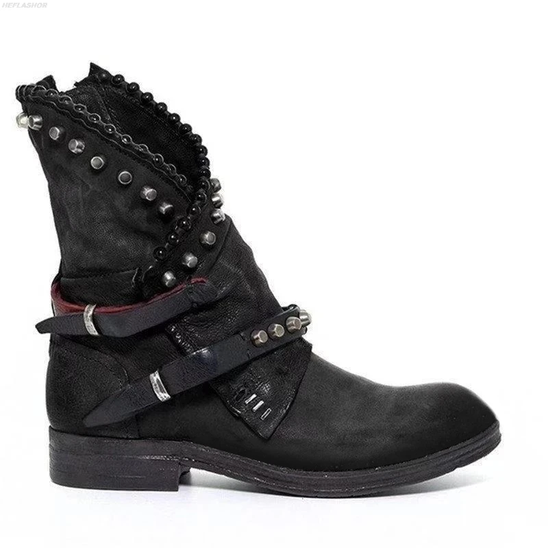 Fast Shipping Women Boots Autumn Winter Woman Mid-Calf PU Leather Round Toe Women Shoes Low Heel Rivet Cool Motorcycle Boots
