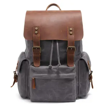 

New Men's Travel Backpack Retro Waxed Horsehide with Canvas Shoulder Bag, Outdoor Mountaineering Bag, Large Capacity Laptop Bag