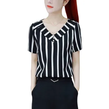 

Spring Summer Fashion Striped Female Blouse Loose Casual Short Sleeve Shirts V Collar Women Tops