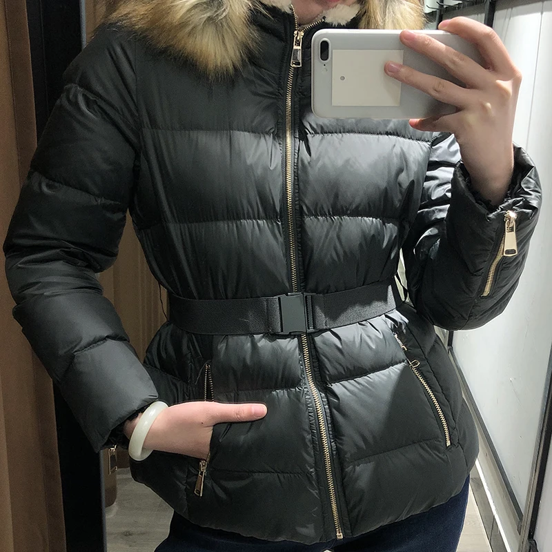 Дизайн, женская зимняя однотонная парка с поясом, пальто для женщин, толстая меховая верхняя одежда с капюшоном, женская зимняя куртка