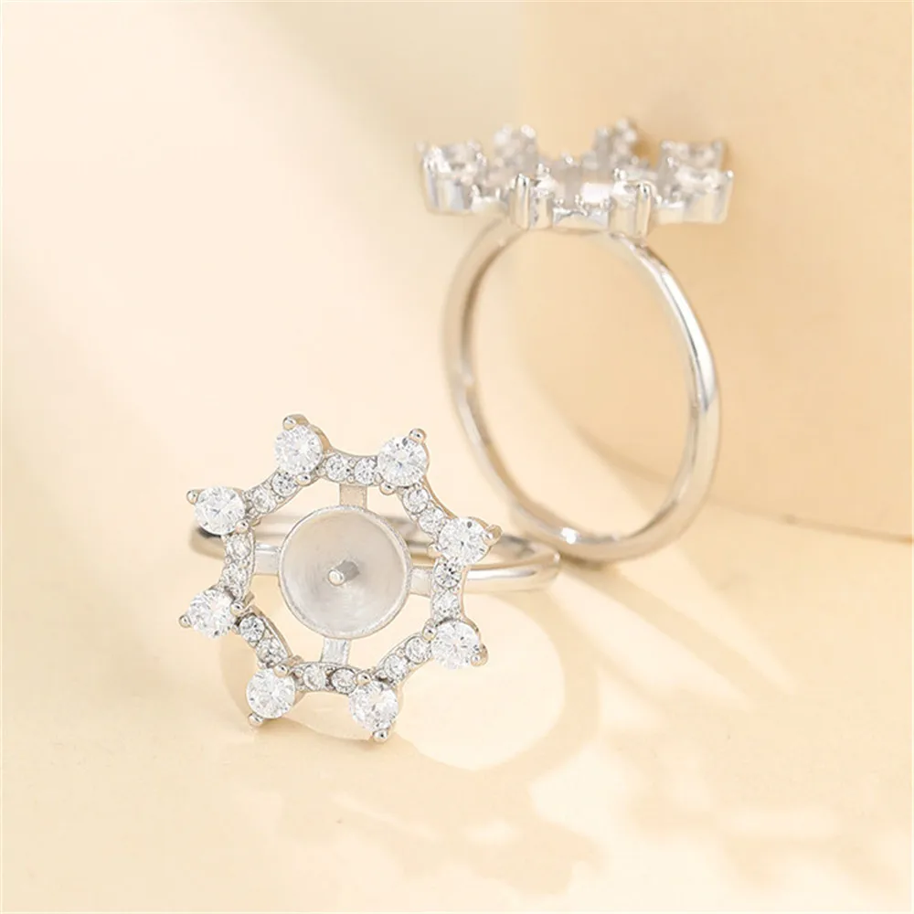 Ring Blank for 8mm-9mm Round Beads or Pearls White Gold Plated 925 Silver Zircon Ring Setting Adjustable Ring Base SR0096