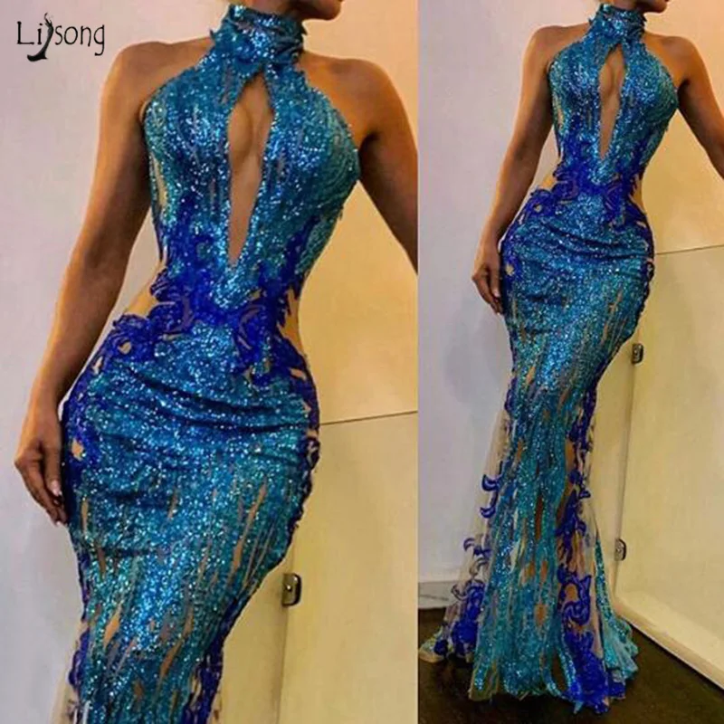 

Shiny Blue Long Prom Gown Evening Appliques Sequins Mermaid Formal Dresses Sexy Halter robe de soiree longue Sexy Party Dresses