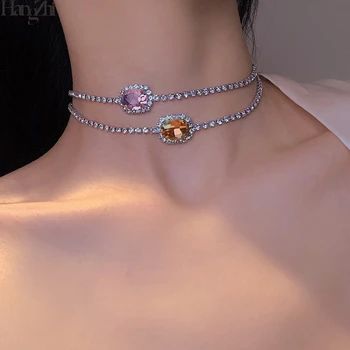 

HangZhi 2020 New Korean Shiny Pink Yellow Geometric Square Crystal Rhinestones Bling Clavicle Choker Necklaces for Women Jewelry
