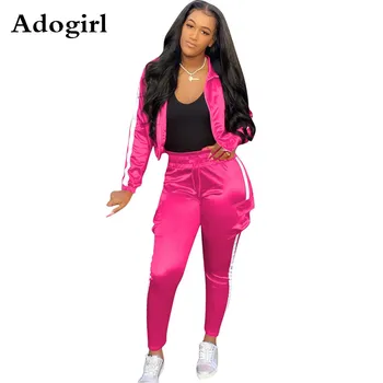 

Plus Size Women Reflective Strap Patchwork Tracksuit Two Pieces Set Cardigan Jogging Femme Side White Jackets +Pants Pockets