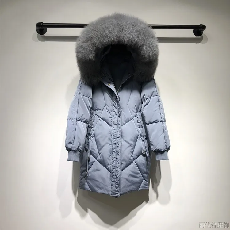 

Long Thick Down Jacket Coat Women Winter Natural Fox Big Fur Collar Pocket Band New Loose Duck Down Parka Woman Plus Size 2019