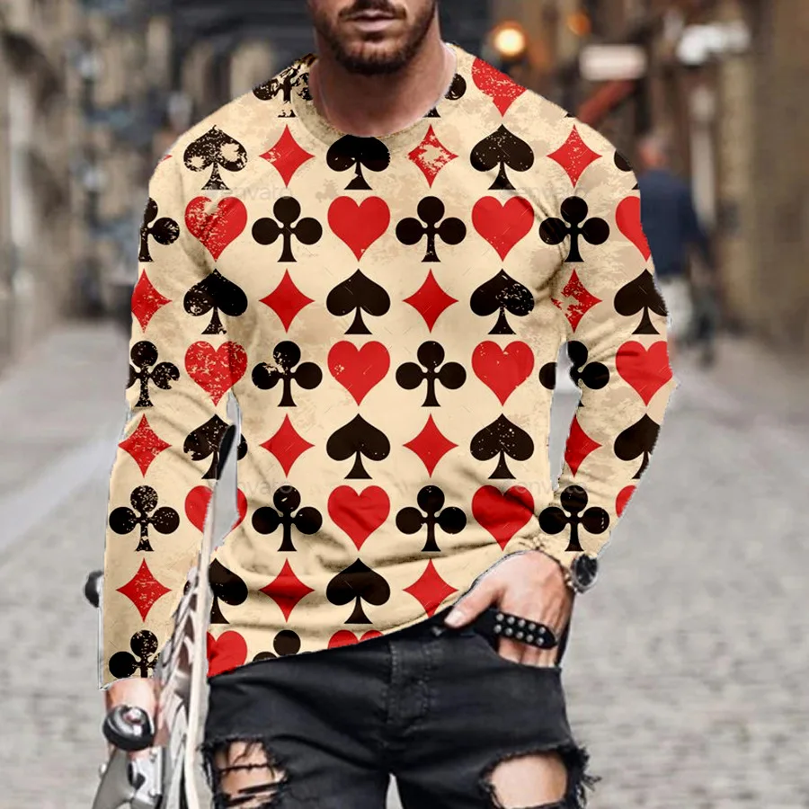 

New fashion men's T-shirt long-sleeved playing cards 3D printed round neck short-sleeved street trend tops