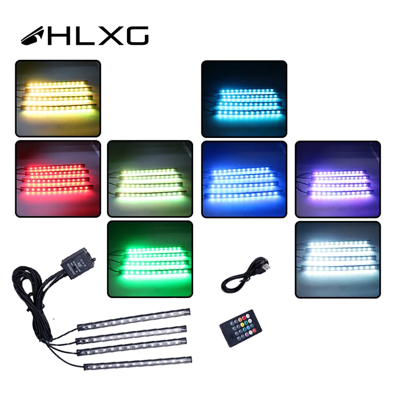 HLXG 4 шт Интерьер Свет Декоративные RGB Автомобильная атмосферная лампа автомобиль неоновый свет тире пол ноги светодиодные полосы света с пультом дистанционного управления