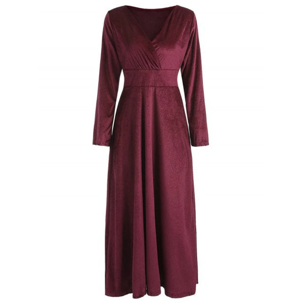 Autumn Women Dress Casual Full Sleeve V-Neck Ruched Dresses Thin Floral Solid Color Long Kaftan Dress Spring Ladies Girls 806