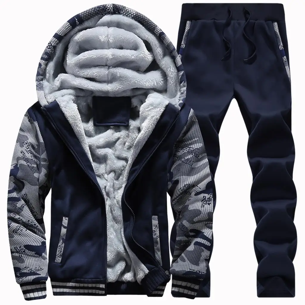 Dark Blue Одноцветная куртка мужская зимняя Толстая Флисовая теплая толстовка с капюшоном на молнии мужской комплект толстовка с капюшоном Брюки Толстовка пальто Черная уличная одежда с капюшоном - Цвет: Dark Blue