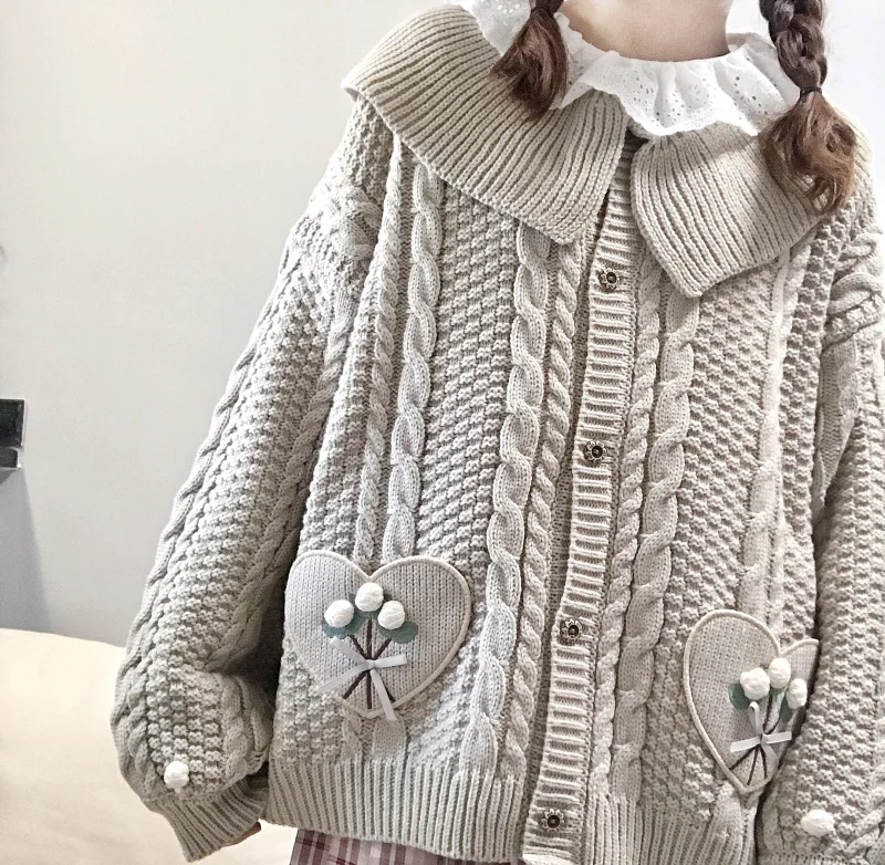 Grey sweater Mori Girl Kawaii кардиган для женщин трикотаж Лолита Цветочное сердце вышивка вязаный свитер пальто Винтаж Твист желтый Pull Femme - Цвет: Grey sweater