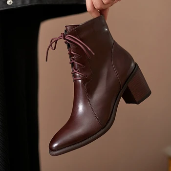 

Retro cow leather Ladies Boots black brown High Heels Boots lace up 2021 Newest Party office ladies dress Shoes Woman size 41 42