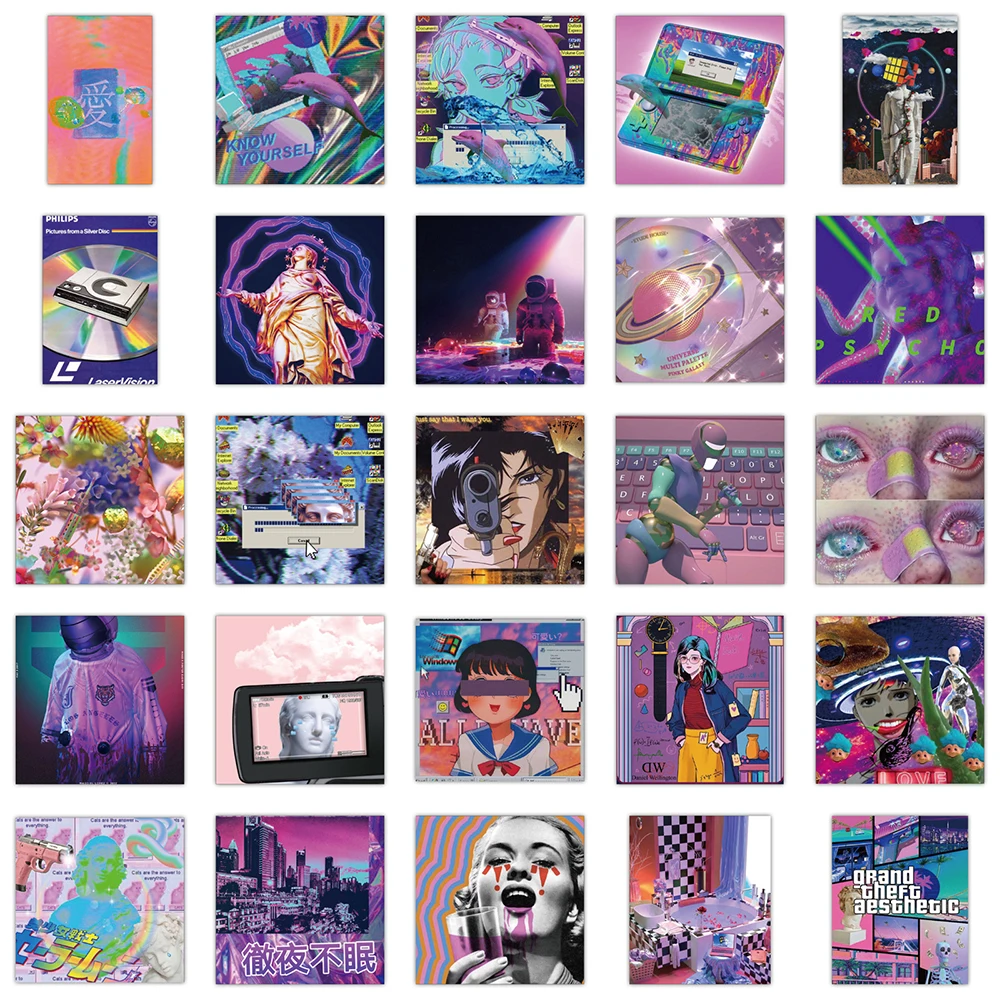 10/30/50pcs Ins Vaporwave Cool Stickers Aesthetic Graffiti DIY Phone Scrapbook Laptop Luggage Skateboard Sticker Decals Kids Toy Cartoon Stickers Graffiti Stickers