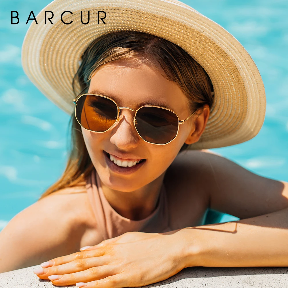 BARCUR-gafas De Sol reflectantes para hombre y mujer, lentes De cristal con montura De acero inoxidable, espejo hexagonal