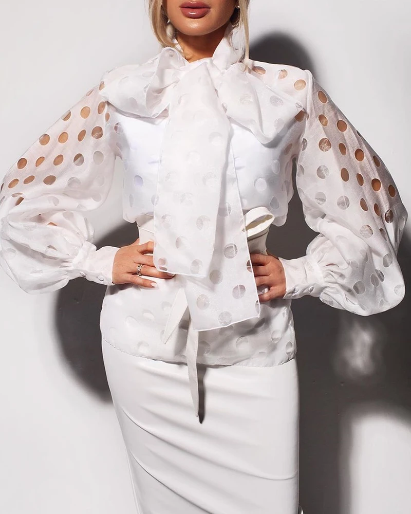 Блузка в горошек с вырезами и рукавами-фонариками, Женская шикарная элегантная офисная уличная одежда, весенне-осенняя модная трендовая рубашка