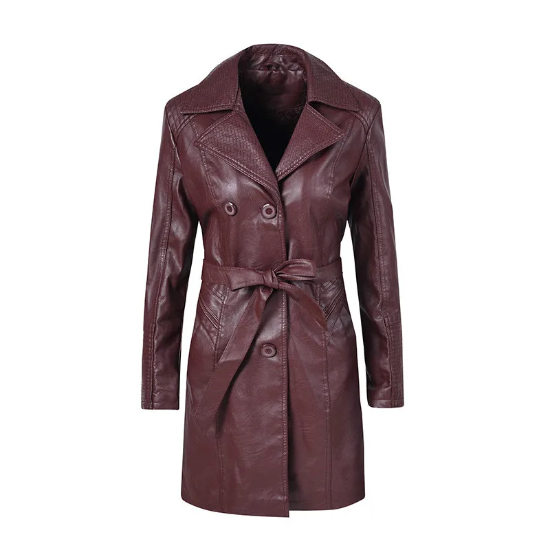 Новинка, куртка из искусственной кожи с карманами и двойной пряжкой, с длинным рукавом, с тонким поясом на талии, осенне-зимнее пальто