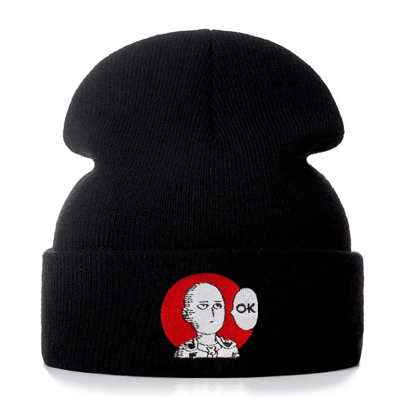 ONE PUNCH MAN OK хлопковые повседневные шапочки с вышивкой для мужчин и женщин, вязаная зимняя шапка, однотонная хип-хоп кепка в стиле унисекс - Цвет: black