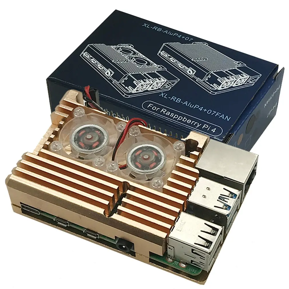 Для Raspberry Pi 4 Модель B алюминиевый защитный чехол алюминиевый чехол+ двойной вентилятор охлаждения Золотой сменный
