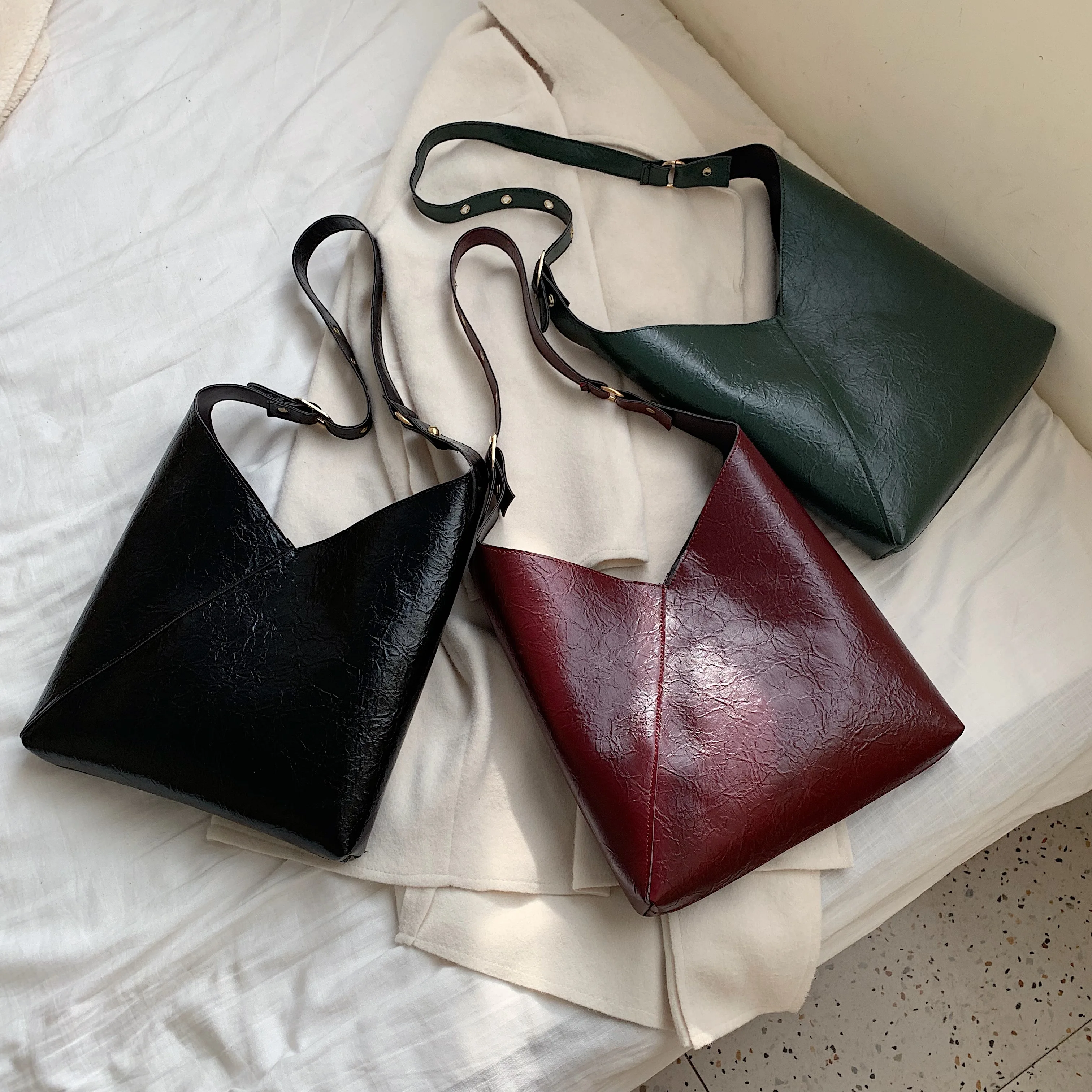 Solid Color Vintage Leather Bucket Bags For Women Shoulder Crossbody Messenger Bag Female Small Handbags and Purses