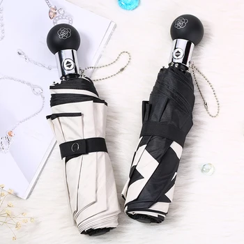 

Anti UV Automatic Umbrella With a Picture 3-Stage 8 Ribs White Black Small Parasol Women's Sun Umbrella Male From Rain For Girls