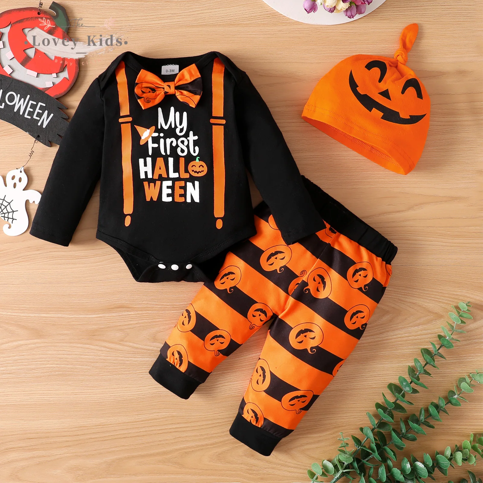

2021 Baby Girl Halloween 3PCS Sets My 1st Halloween Long Sleeve Bodysuit Pumpkin Pants Hat Toddler Newborn Infant Party Outfit