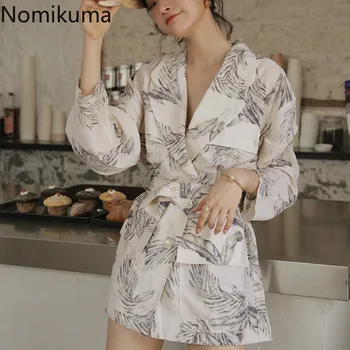 

Nomikuma Cotton Linen Long Sleeve Thin Blazer Feather Printed Sash Lace Up Slim Waist Vintage Jackets Female New Arrival 3a241