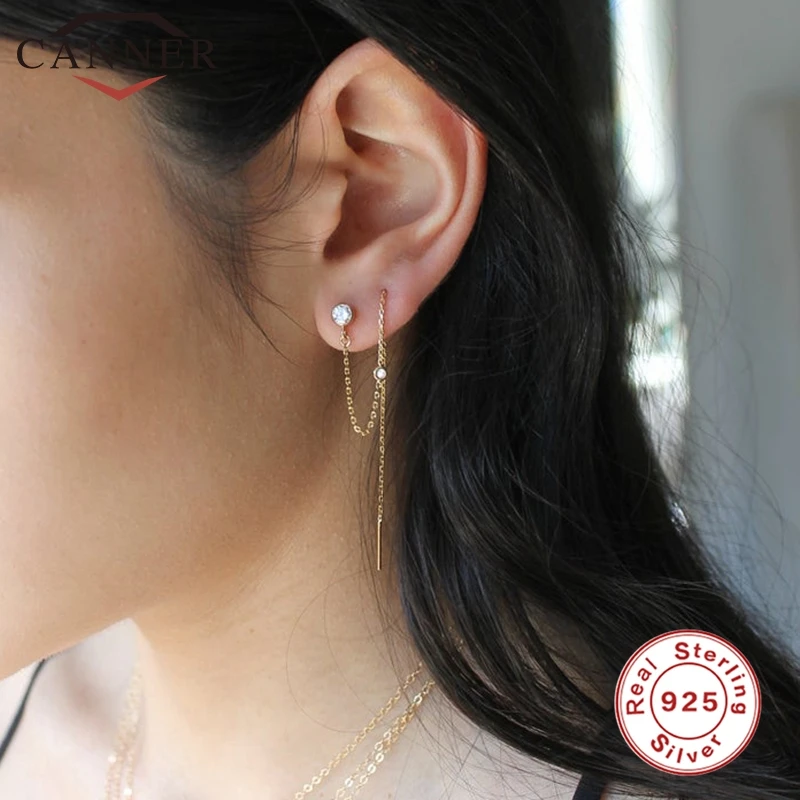 CANNER 925 Sterling Silver Ear Jewelry Crystal Zircon Stud Earrings for Women Gold Rainbow Moon CZ Chain Earring