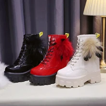 Новые женские ботильоны; Femme; Зимние теплые плюшевые кроссовки из лакированной кожи с высоким берцем; женские ботинки на массивной платформе и высоком каблуке 10,5 см
