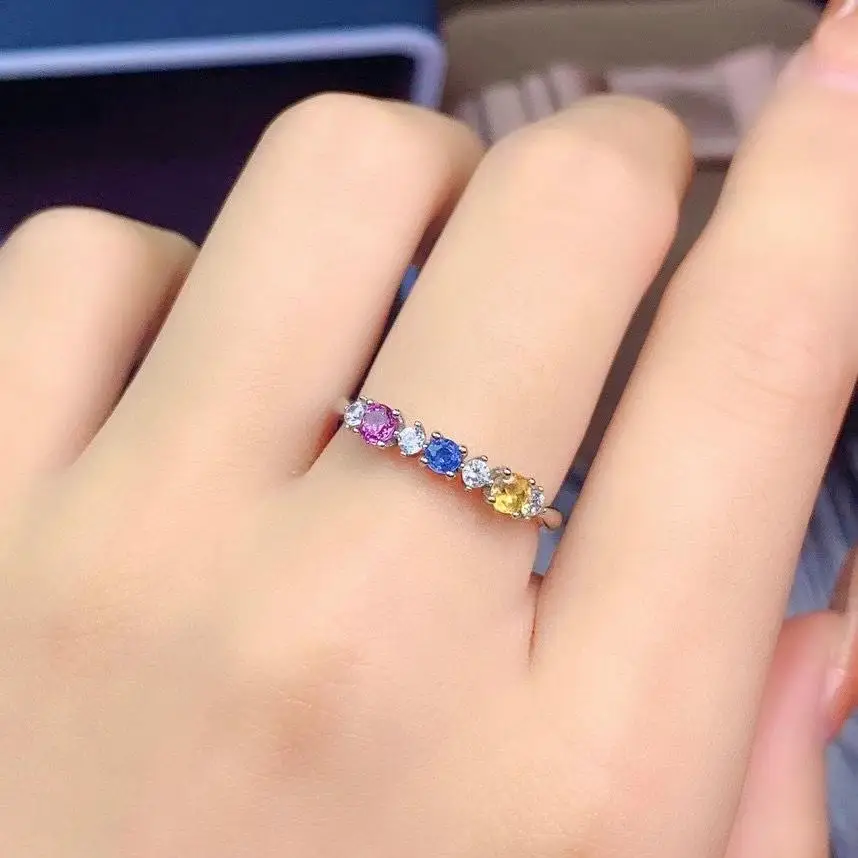 

Elegant Slender Row circle Natural Multicolor sapphire Ring S925 Silver Natural Gemstone Ring Women's girl party gift ewelry