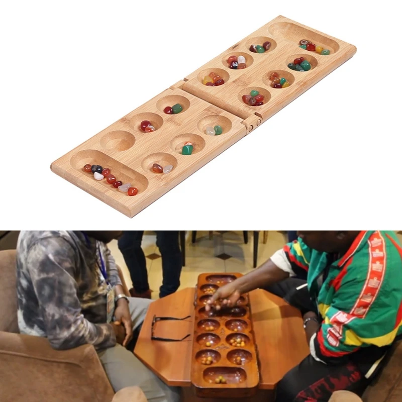 Solid Wood Mancala Folding 54 Multi Colored Stones Board Game
