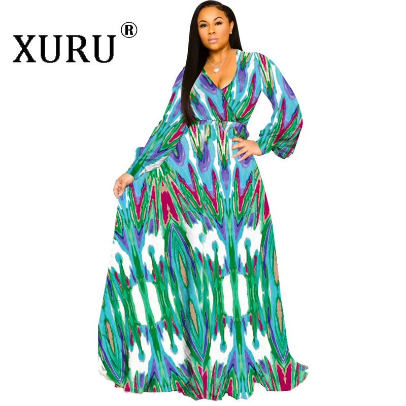 XURU женское длинное платье макси с цветочным принтом, с длинным рукавом, с v-образным вырезом, с поясом, шифоновые платья, повседневное пляжное свободное платье размера плюс S-3XL-5XL - Цвет: 08A2224GN