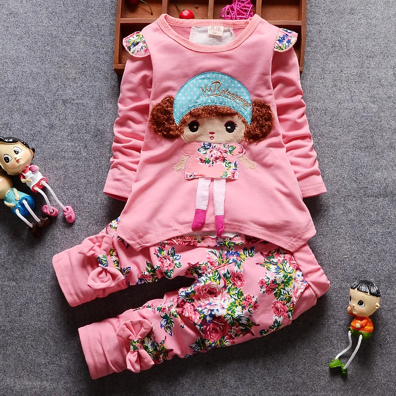 New Spring Autumn Kids Cartoon Clothes Suit Baby Girls Flower T Shirt Pants 2Pcs/Sets Infant Cotton Clothing Children Sportswear