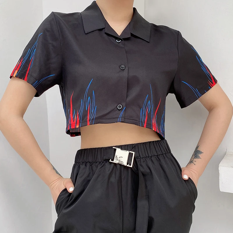 IAMSURE Streetwear Fashion Flame Print Women Cropped Shirts Summer Turn-down Collar Short Sleeve Ladies Blouses Harajuku