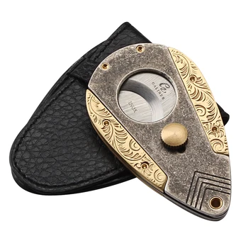 

GALINER Fan-Shaped Cigar Cutter Bronze Craved Stainless Steel Sharp Blade Tobacco Cutting Gillotine Cigar Cutter W Case Gift Box