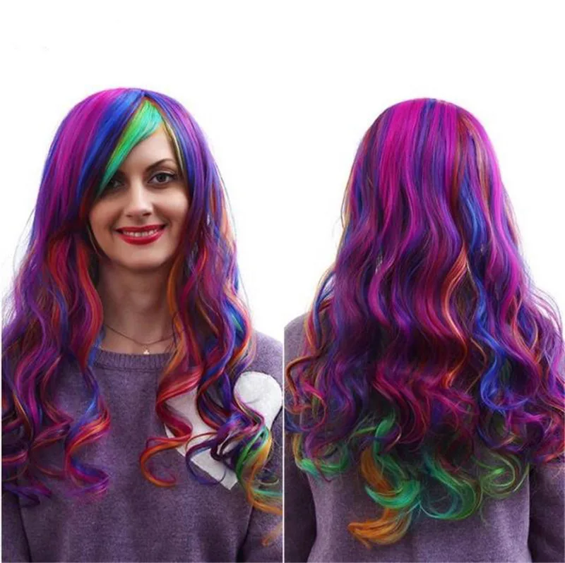 Харадзюку градиент моды прическа парики COS аниме семь цветов радуги Косплей цвет
