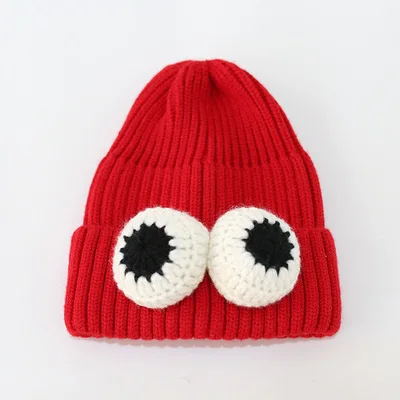 Beanies/детская шапка; теплая зимняя вязаная Милая шапочка для девочек и мальчиков с помпоном и большими глазами; детская повседневная шапка на Хэллоуин; От 1 до 8 лет - Цвет: Красный