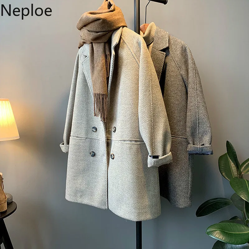Neploe толстое шерстяное пальто средней длины, свободное, с отложным воротником, с длинным рукавом, Casaco Feminino, с двойным нагрудным карманом, Осень-зима