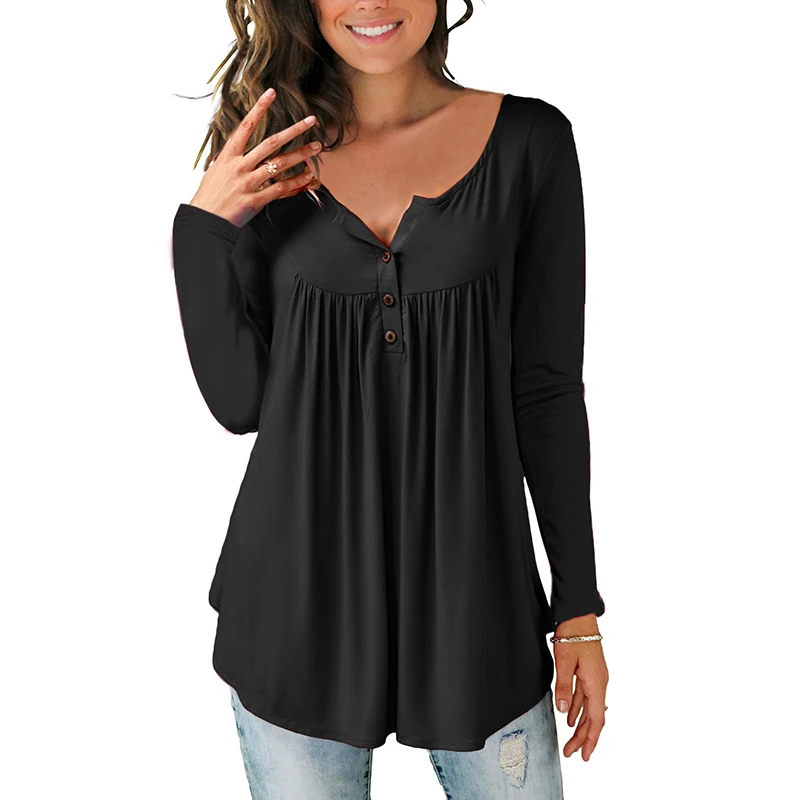 

Casual Spring Versatile Loose Tops Women Button Sexy Loose Long Sleeve Solid Color T-Shirts