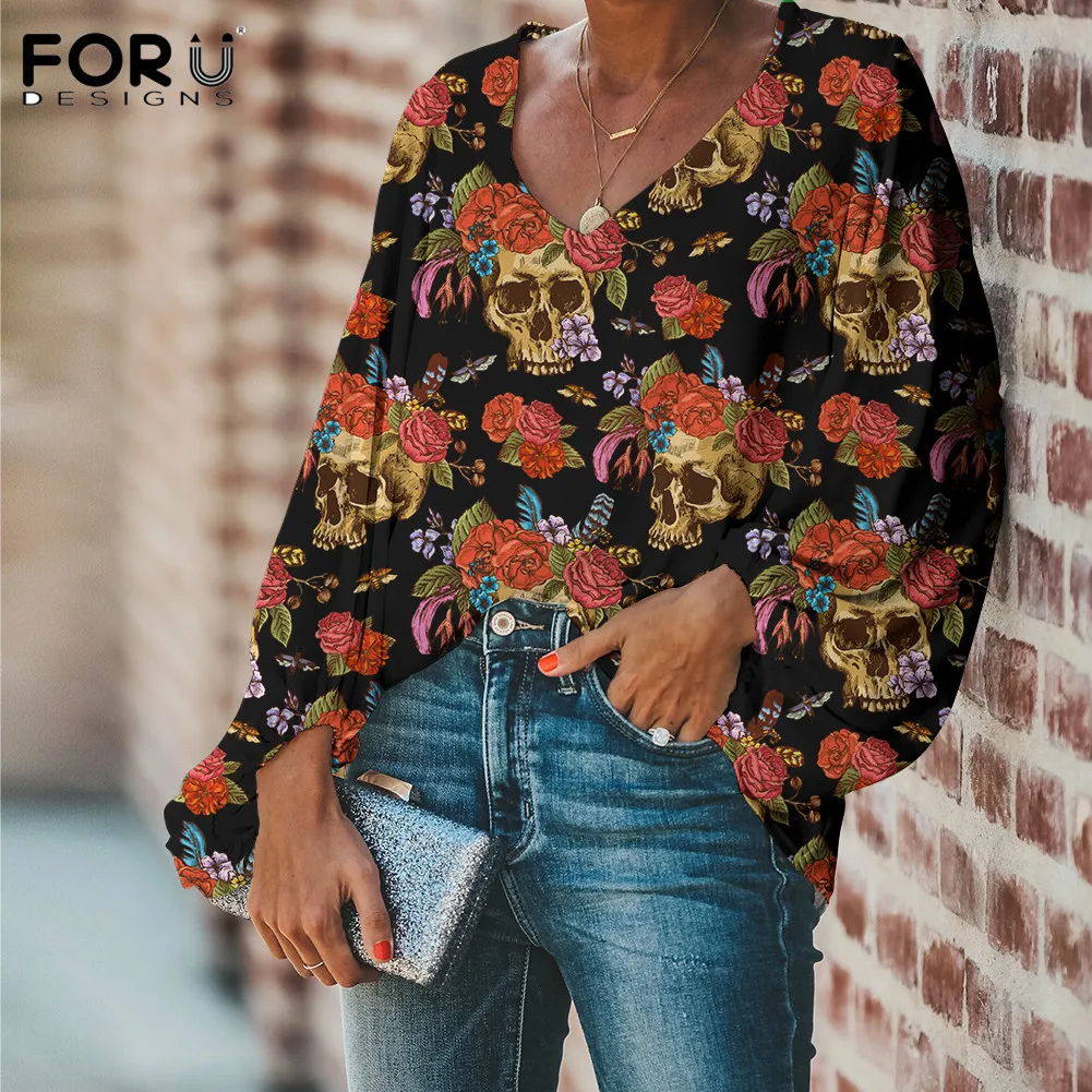 FORUDESIGNS Women V-Neck Chiffon Blouse Gothic Skull with Rose Floral Printed Elegant Lady Long Sleeves Shirts Camisas Tops | Женская