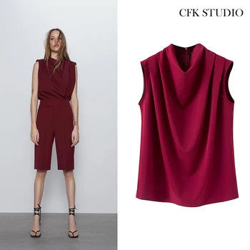 

Za Women T-shirt with O-neck Solid Sleeveless Tee Top Femme 2020 New Summer Basic Office Wear Elegant Casual Loose Chiffon Top